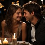 Jeune couple amoureux échangeant un regard complice lors d’un dîner aux chandelles, dans une ambiance chaleureuse et romantique