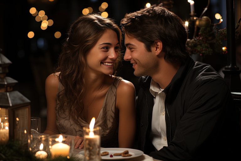 Jeune couple amoureux échangeant un regard complice lors d’un dîner aux chandelles, dans une ambiance chaleureuse et romantique