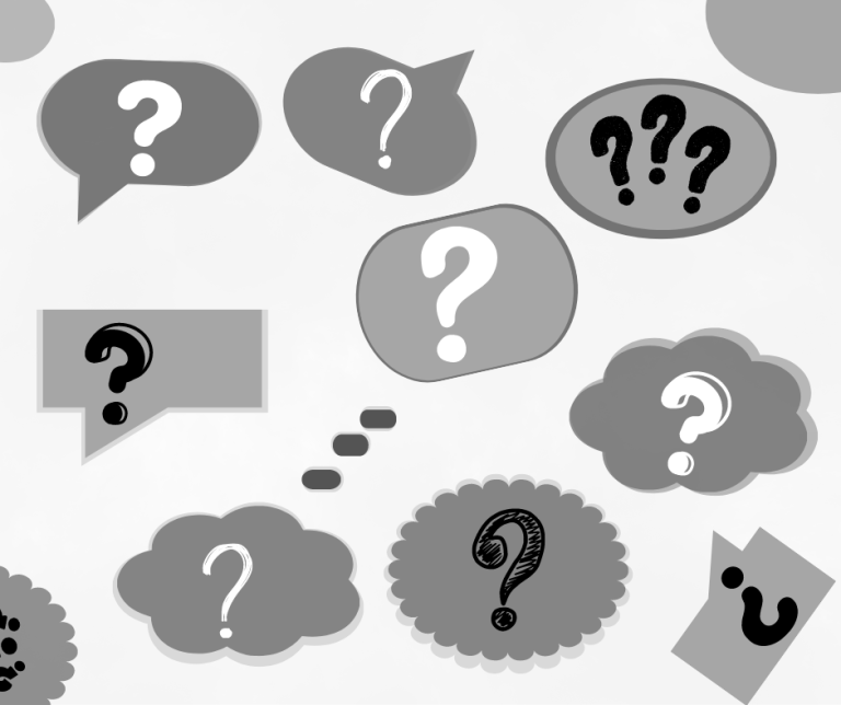 Illustration en noir et blanc de bulles de dialogue et de nuages de pensée contenant des points d'interrogation, symbolisant les questions, le doute ou la réflexion