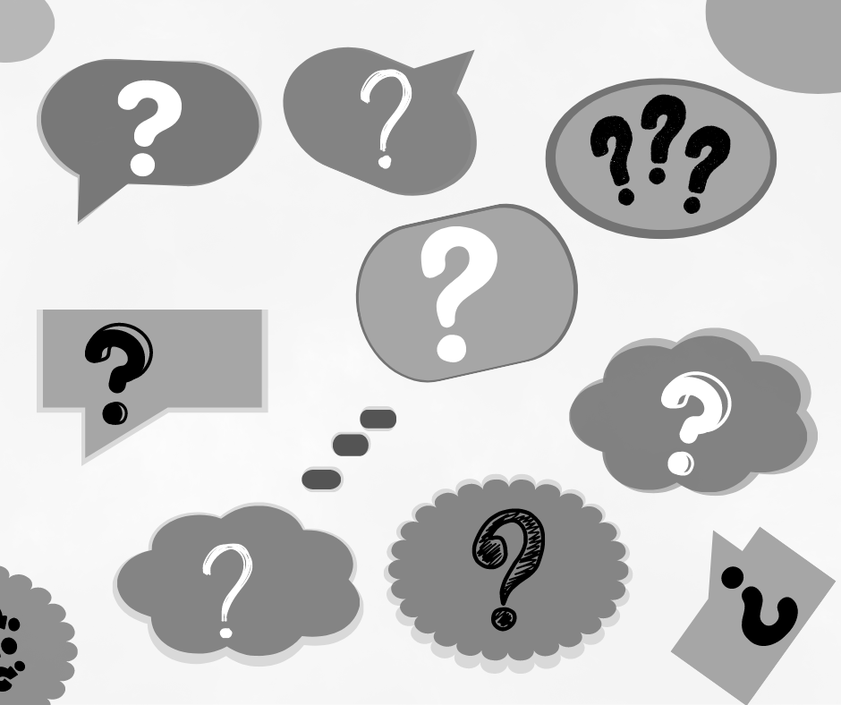 Illustration en noir et blanc de bulles de dialogue et de nuages de pensée contenant des points d'interrogation, symbolisant les questions, le doute ou la réflexion