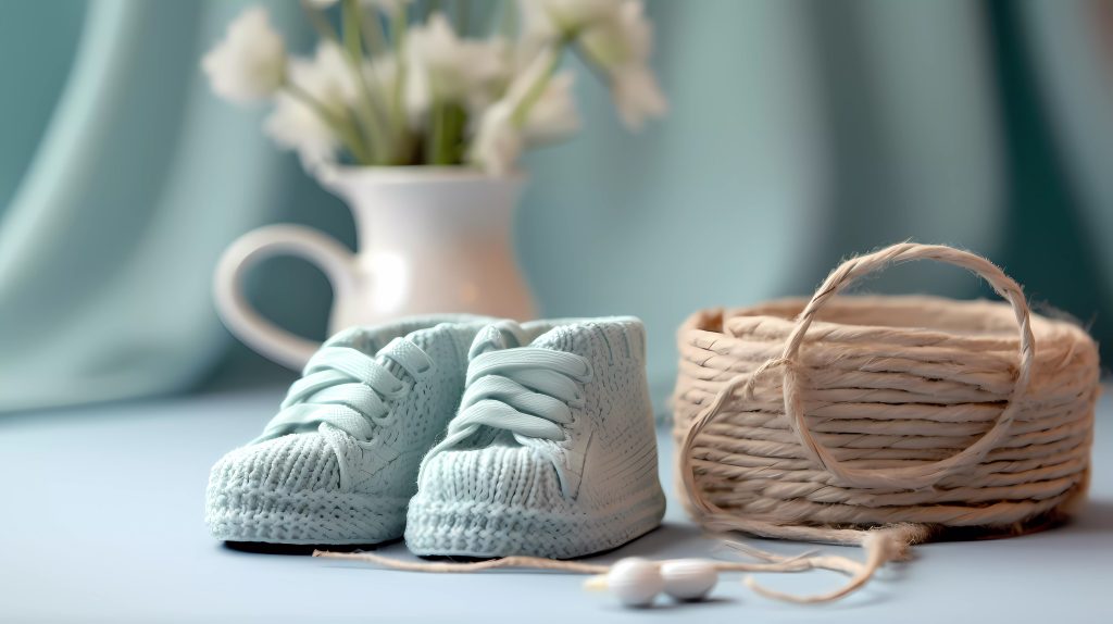 Paire de chaussons de bébé tricotés bleu clair avec une ressemblance semblable à des petites converses posée à côté d’un panier en osier de couleur blanc cassé, avec un vase de fleurs blanches flou à l’arrière-plan