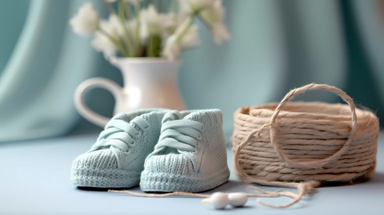 Paire de chaussons de bébé tricotés bleu clair avec une ressemblance semblable à des petites converses posée à côté d’un panier en osier de couleur blanc cassé, avec un vase de fleurs blanches flou à l’arrière-plan