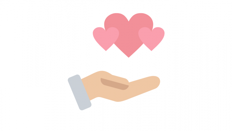 Illustration d’une main tendue tenant trois cœurs roses, symbole de don, d’amour, de bienveillance et de soutien