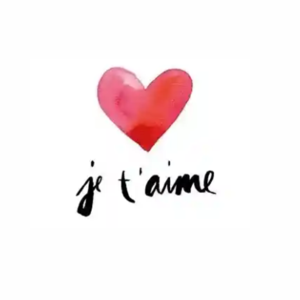 Illustration d’un cœur rose-rouge peint à l’aquarelle avec une inscription de type manuscrite 'je t’aime' en dessous de couleur noire